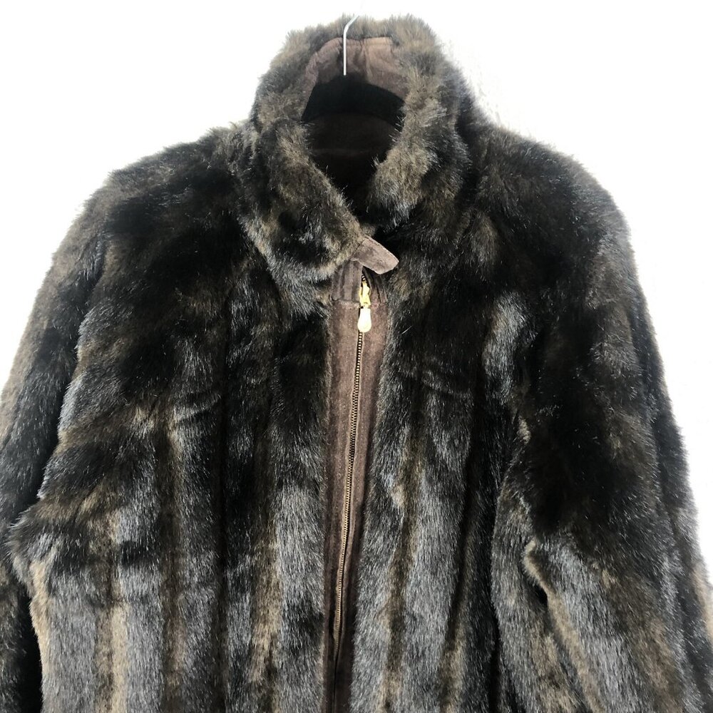 JLC Leather Jacket Womens M Brown Reversible Faux Mink Coat Mob Wife Old Money - Picture 4 of 16